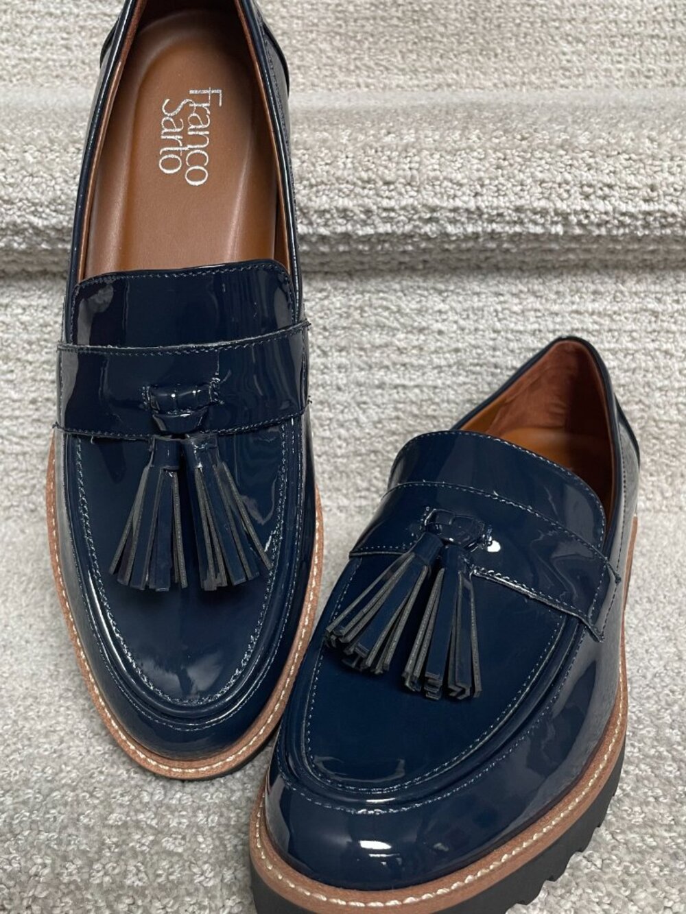 Franco Sarto Carolynn Patent Tassel Lug Sole Loafers  Navy Blue Size 10